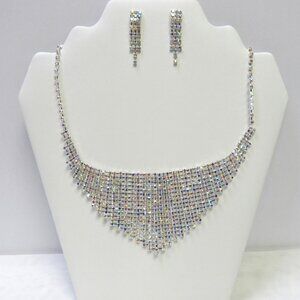 Silver Rhinestone Crystal Iridescent Fancy Statement Necklace Set Evening Formal